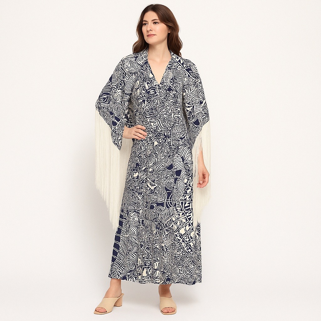 Nardiello For Rona 60s Abstract Maxi Dress Matching Fringe Shawl Set Navy White